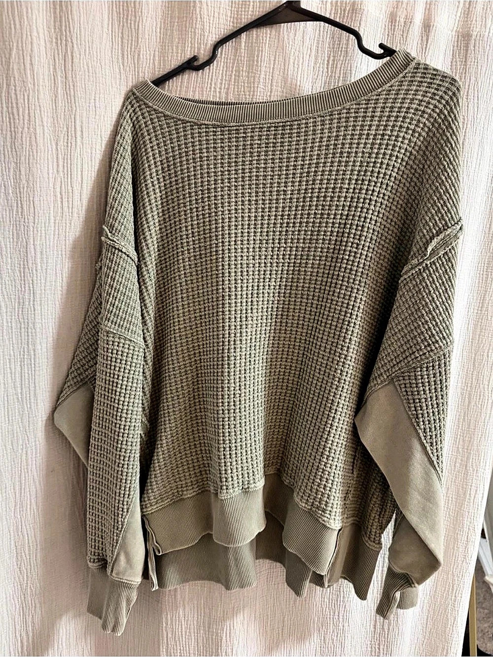 Free People We The Free Lived-In Waffle Knit Crewneck in Green Size Medium